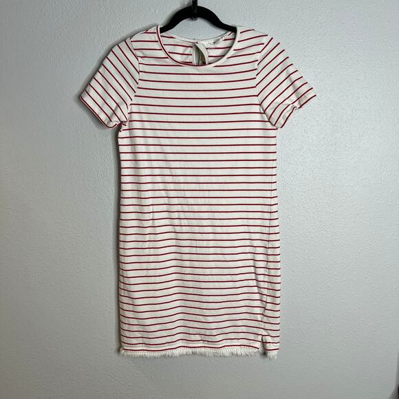 Beach Lunch Lounge Mini Dress White Red Stripe Pullover Fringe Hem Sz S - Picture 1 of 5